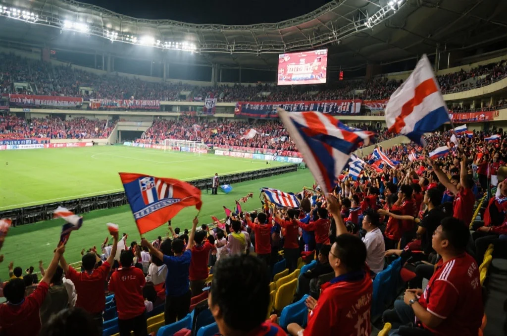 体育场内观众席座无虚席,球迷们挥舞旗帜热情呐喊,现场气氛热烈